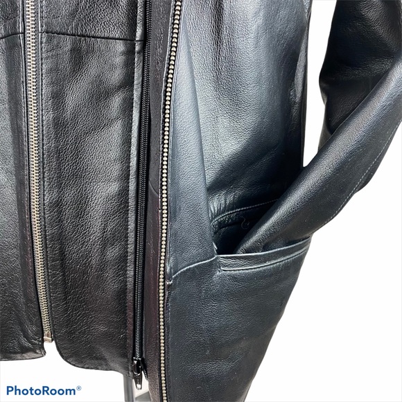 CHEROKEE Long Leather Jacket Black Zip Up Faux Fur - Picture 9 of 15